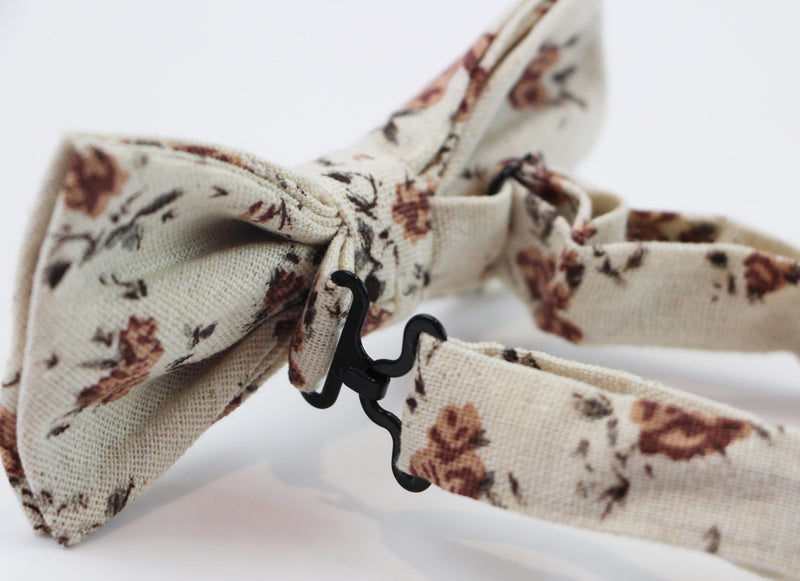 Mens Cream & Brown Roses Cotton Bow Tie & Pocket Sqaure Set