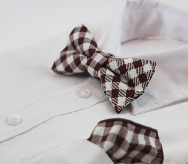 Mens Brown & White Tartan Cotton Check Bow Tie & Pocket Square Set