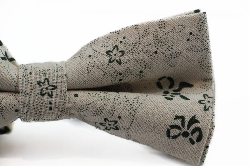 Mens Cream & Green Floral Bow Pattern Cotton Bow Tie & Pocket Square Set - Zasel Home of Big Brands