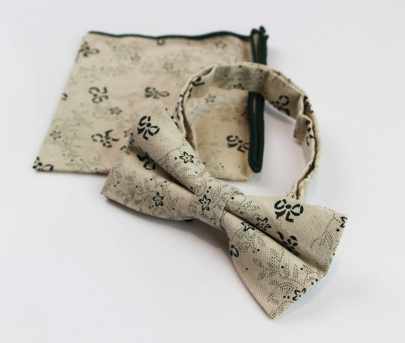 Mens Cream & Green Floral Bow Pattern Cotton Bow Tie & Pocket Square Set - Zasel Home of Big Brands