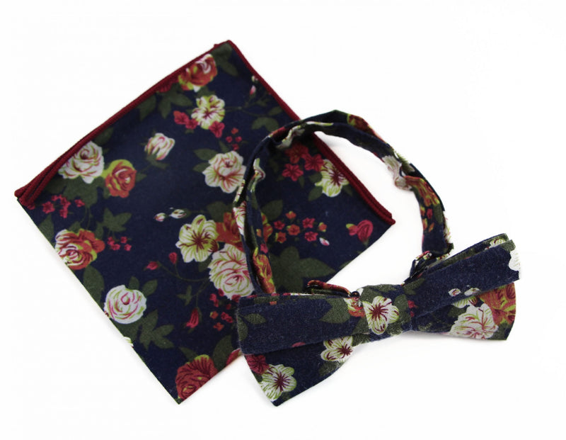 Mens Navy, Burgundy & Green Floral Cotton Bow Tie & Pocket Square Set - Zasel Home of Big Brands