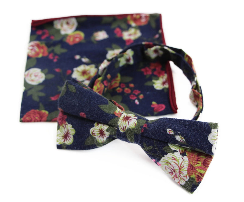 Mens Navy, Burgundy & Green Floral Cotton Bow Tie & Pocket Square Set - Zasel Home of Big Brands