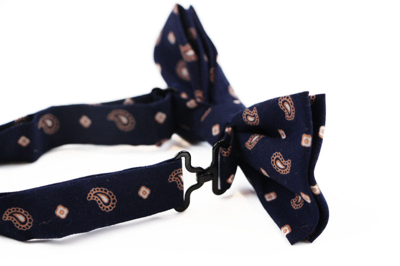 Mens Navy & Tan Scattered Paisley Cotton Bow Tie And Pocket Square Set - Zasel Home of Big Brands