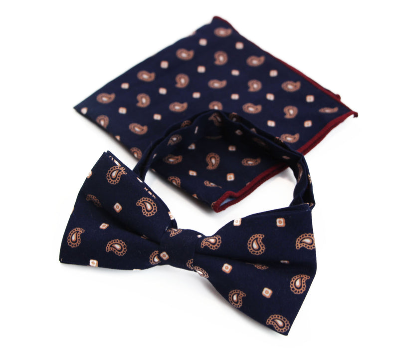 Mens Navy & Tan Scattered Paisley Cotton Bow Tie And Pocket Square Set - Zasel Home of Big Brands