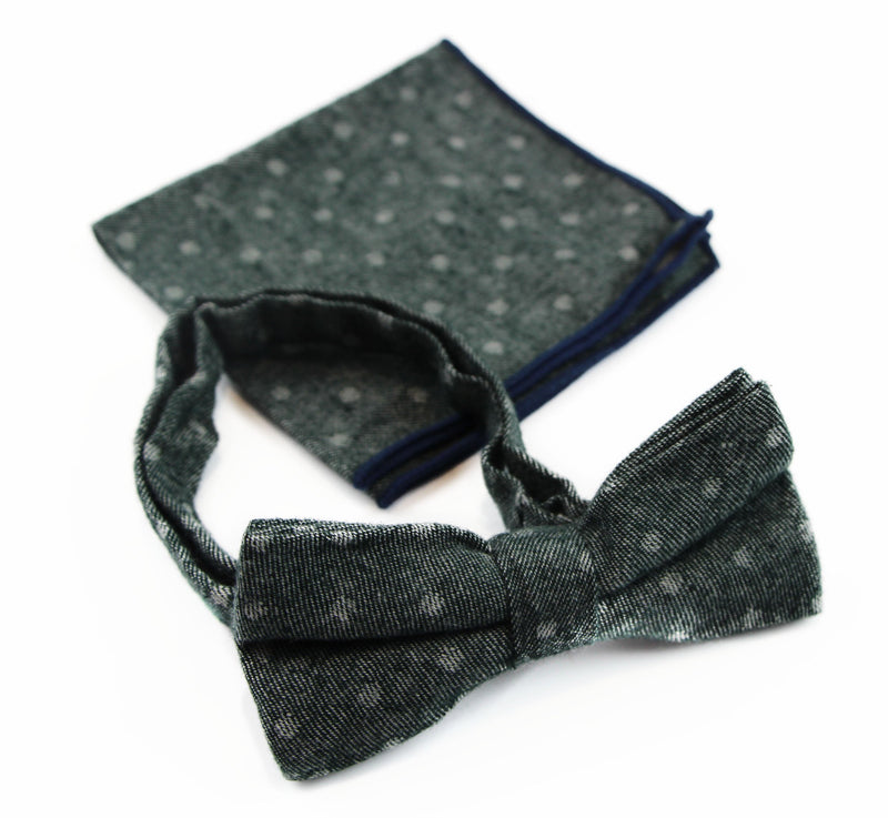 Mens Green Denim With White Dots Cotton Bow Tie & Pocket Square Set - Zasel Home of Big Brands