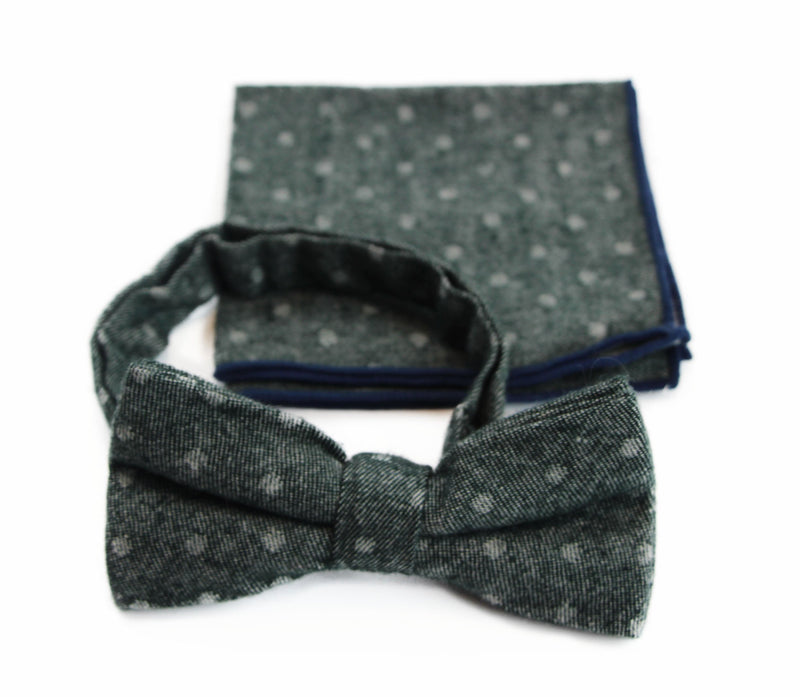 Mens Green Denim With White Dots Cotton Bow Tie & Pocket Square Set - Zasel Home of Big Brands