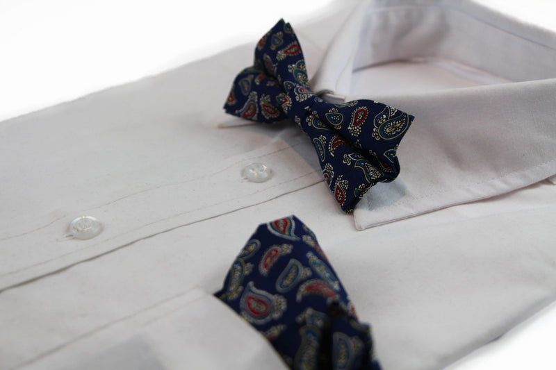 Mens Navy, Red, White, Yellow & Blue Paisley Cotton Bow Tie & Pocket Square Set - Zasel Home of Big Brands