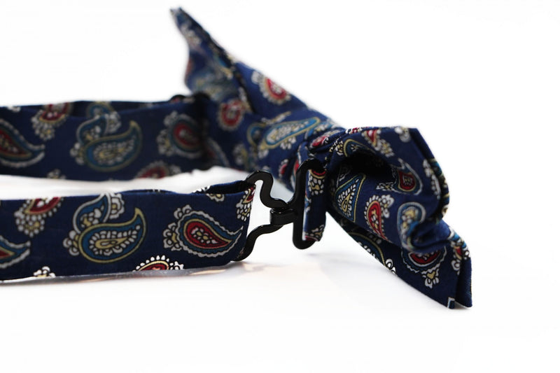 Mens Navy, Red, White, Yellow & Blue Paisley Cotton Bow Tie & Pocket Square Set - Zasel Home of Big Brands