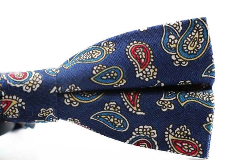 Mens Navy, Red, White, Yellow & Blue Paisley Cotton Bow Tie & Pocket Square Set - Zasel Home of Big Brands