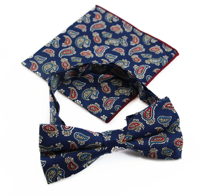 Mens Navy, Red, White, Yellow & Blue Paisley Cotton Bow Tie & Pocket Square Set - Zasel Home of Big Brands