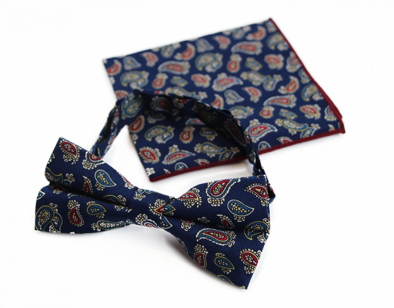 Mens Navy, Red, White, Yellow & Blue Paisley Cotton Bow Tie & Pocket Square Set - Zasel Home of Big Brands