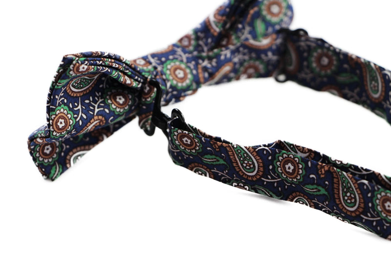 Mens Navy, Cream, Green Paisley Cotton Bow Tie & Pocket Square Set - Zasel Home of Big Brands