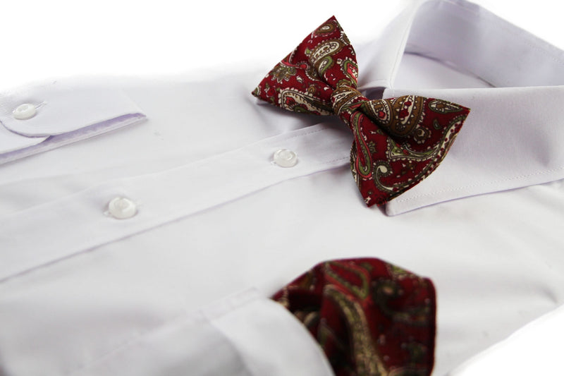 Mens Maroon, Green & Cream Paisley Cotton Bow Tie & Pocket Square Set - Zasel Home of Big Brands