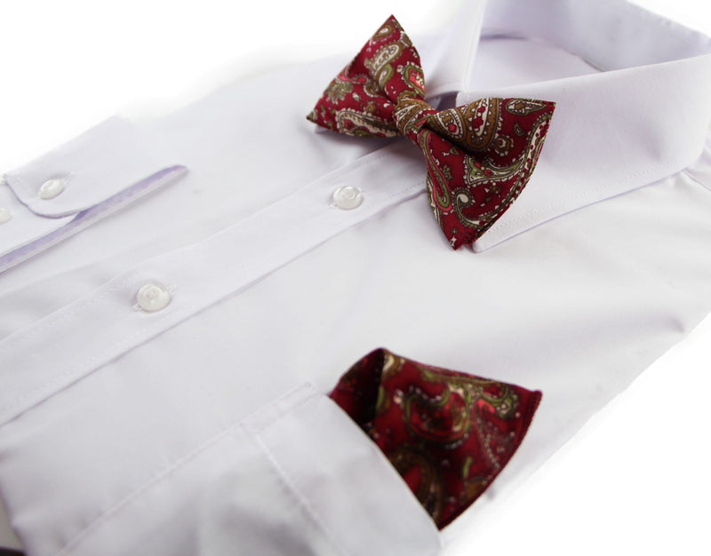 Mens Maroon, Green & Cream Paisley Cotton Bow Tie & Pocket Square Set - Zasel Home of Big Brands