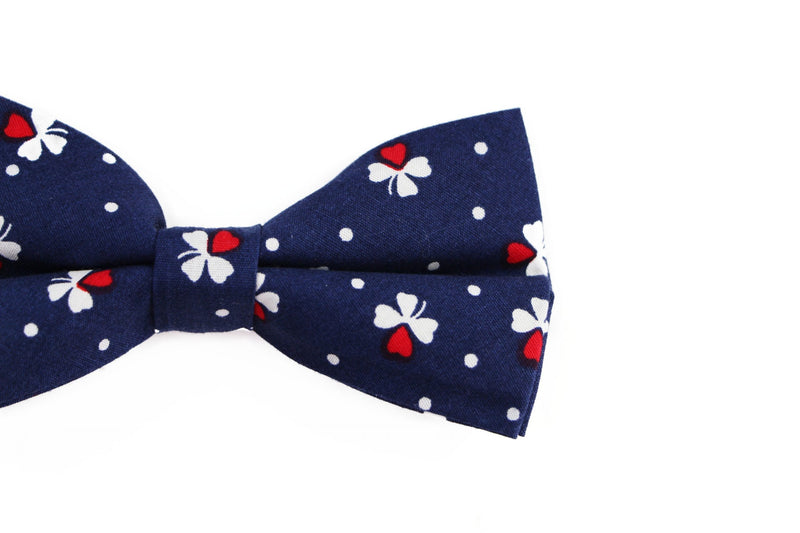 Mens Navy, With Red & White Clover Cotton Bow Tie & Pocket Square Set - Zasel Home of Big Brands