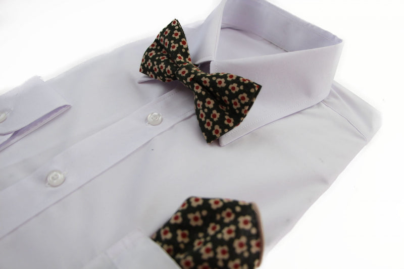 Mens Green With Cream & Red Flowers Cotton Bow Tie & Pocket Square Set - Zasel Home of Big Brands
