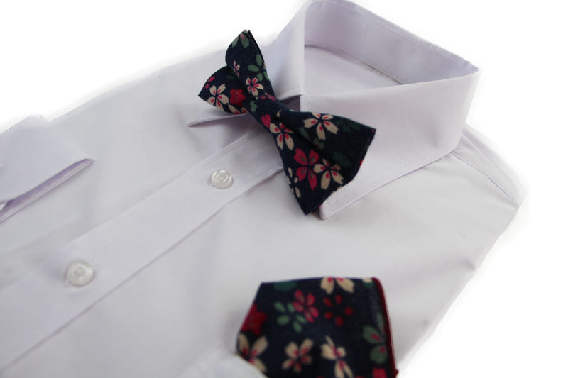 Mens Navy With Pink, Cream & Green Flowers Cotton Bow Tie & Pocket Square Set - Zasel Home of Big Brands