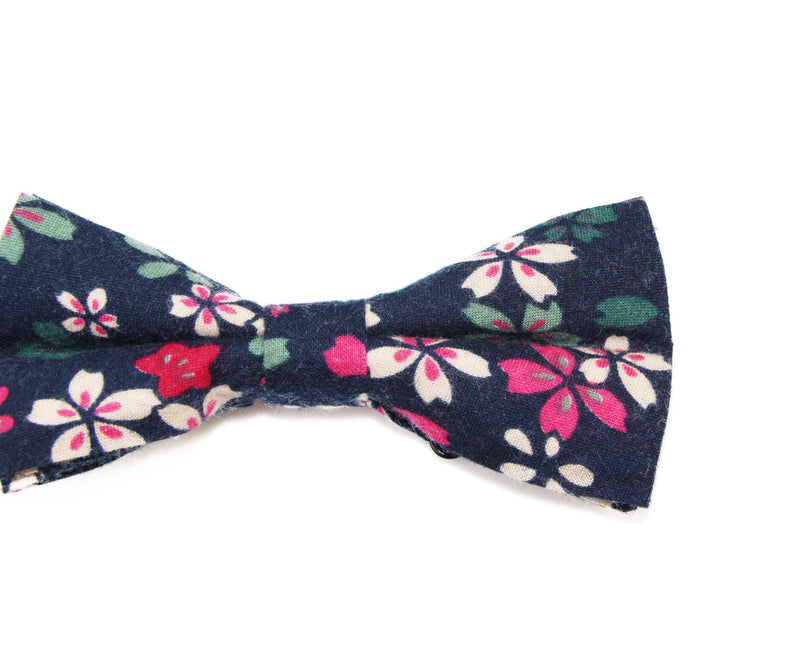 Mens Navy With Pink, Cream & Green Flowers Cotton Bow Tie & Pocket Square Set - Zasel Home of Big Brands