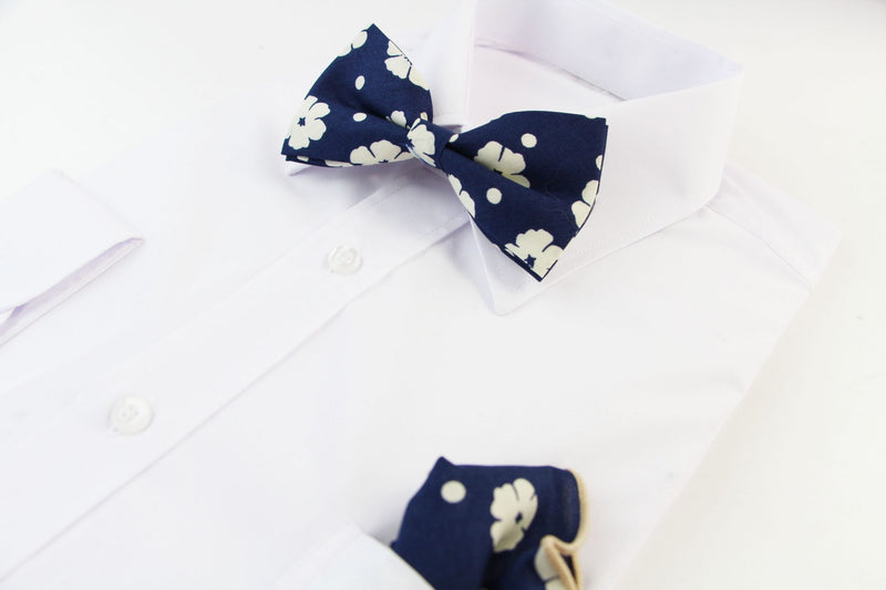 Mens Navy & Cream Flowers Cotton Bow Tie & Pocket Square Set - Zasel Home of Big Brands