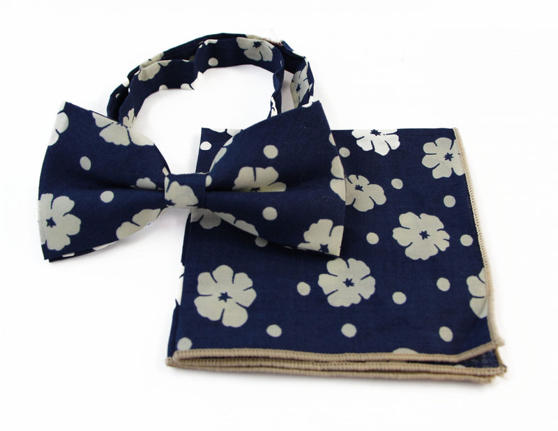 Mens Navy & Cream Flowers Cotton Bow Tie & Pocket Square Set - Zasel Home of Big Brands