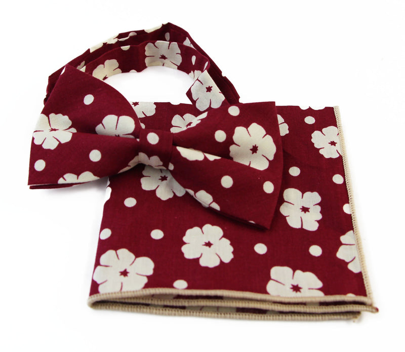 Mens Maroon With Cream Flowers Cotton Bow Tie & Pocket Square Set - Zasel Home of Big Brands
