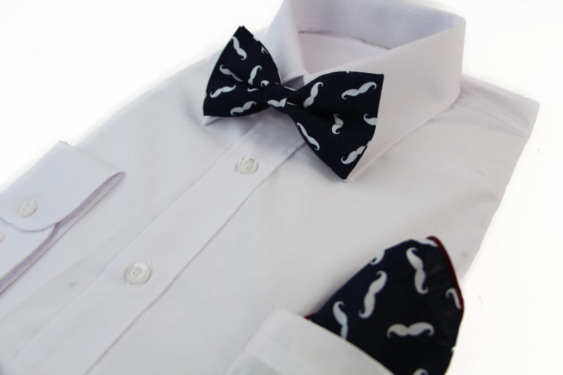 Mens Navy With White Moustache Cotton Bow Tie & Pocket Square Set - Zasel Home of Big Brands