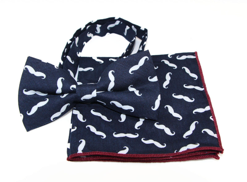 Mens Navy With White Moustache Cotton Bow Tie & Pocket Square Set - Zasel Home of Big Brands