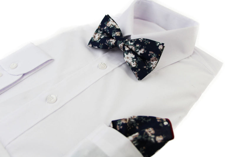 Mens Navy With Cream Flowers Cotton Bow Tie & Pocket Square Set - Zasel Home of Big Brands