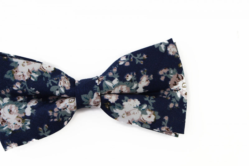 Mens Navy With Cream Flowers Cotton Bow Tie & Pocket Square Set - Zasel Home of Big Brands