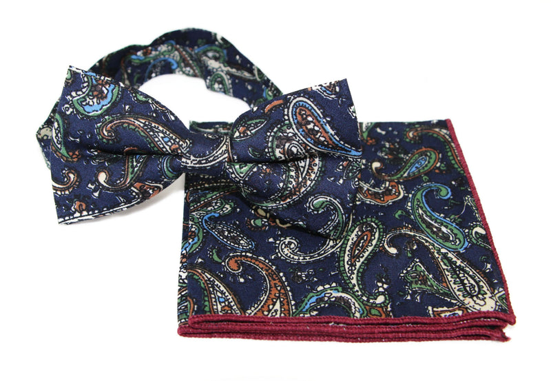 Mens Navy, Blue, Cream & Green Paisley Cotton Bow Tie & Pocket Square Set - Zasel Home of Big Brands