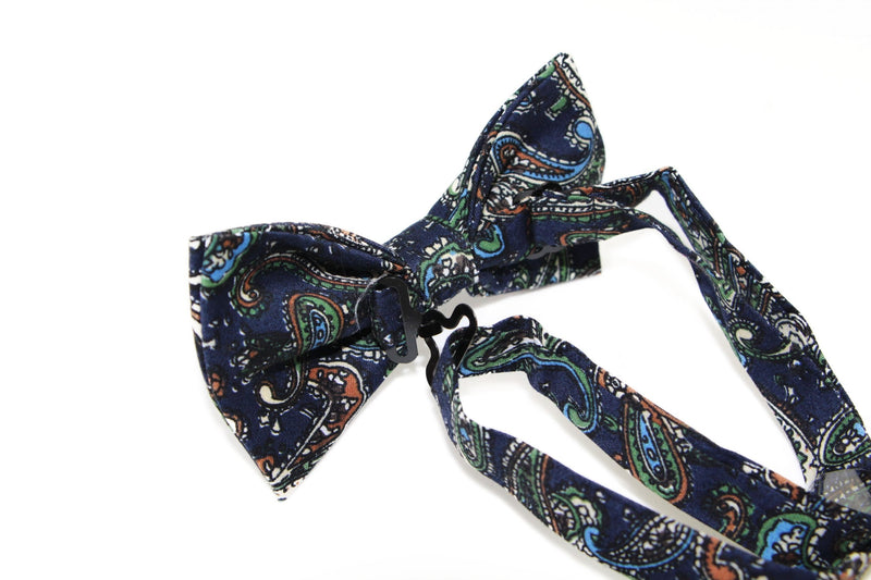 Mens Navy, Blue, Cream & Green Paisley Cotton Bow Tie & Pocket Square Set - Zasel Home of Big Brands