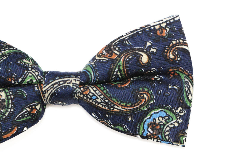 Mens Navy, Blue, Cream & Green Paisley Cotton Bow Tie & Pocket Square Set - Zasel Home of Big Brands