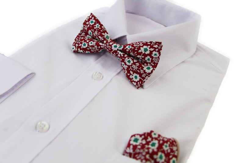 Mens Red With White & Green Flowers Cotton Bow Tie & Pocket Square Set - Zasel Home of Big Brands