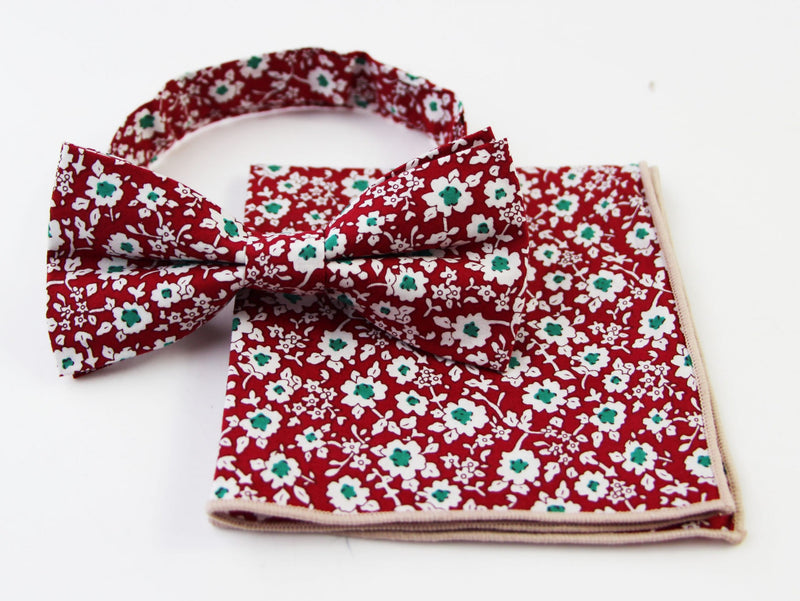 Mens Red With White & Green Flowers Cotton Bow Tie & Pocket Square Set - Zasel Home of Big Brands
