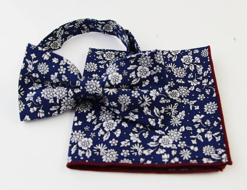Mens Navy With White Flowers Cotton Bow Tie & Pocket Square Set - Zasel Home of Big Brands
