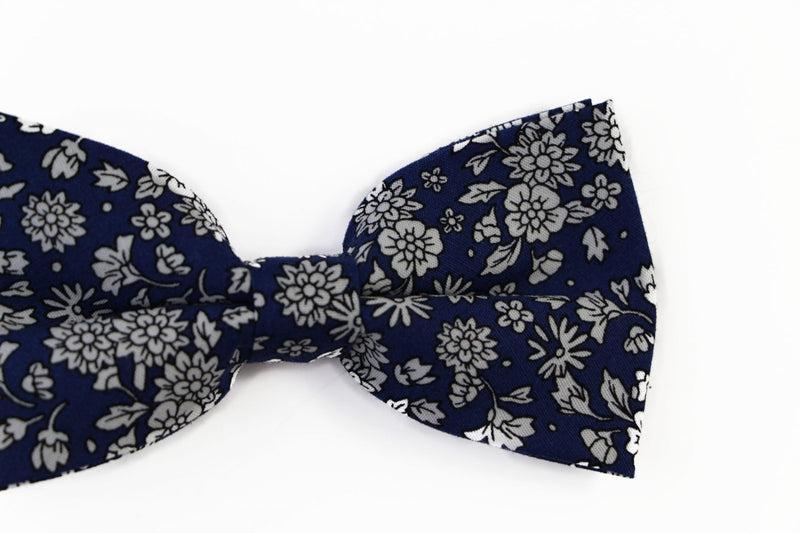 Mens Navy With White Flowers Cotton Bow Tie & Pocket Square Set - Zasel Home of Big Brands