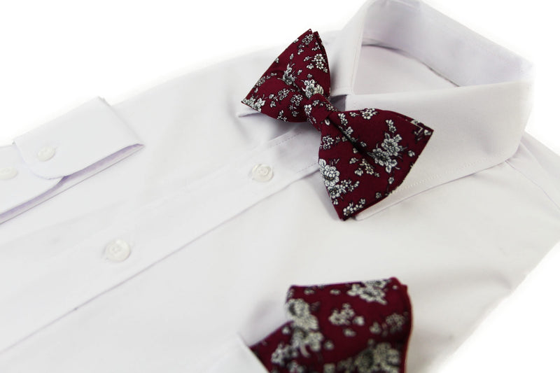 Mens Maroon With White Flowers Cotton Bow Tie & Pocket Square Set - Zasel Home of Big Brands