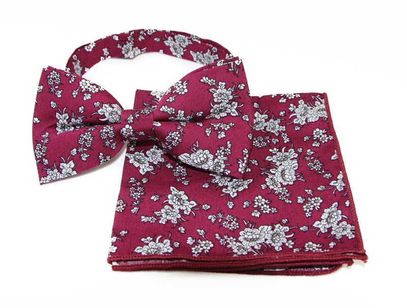 Mens Maroon With White Flowers Cotton Bow Tie & Pocket Square Set - Zasel Home of Big Brands