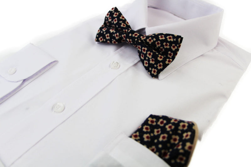 Mens Navy With Cream & Red Flowers Cotton Bow Tie & Pocket Square Set - Zasel Home of Big Brands