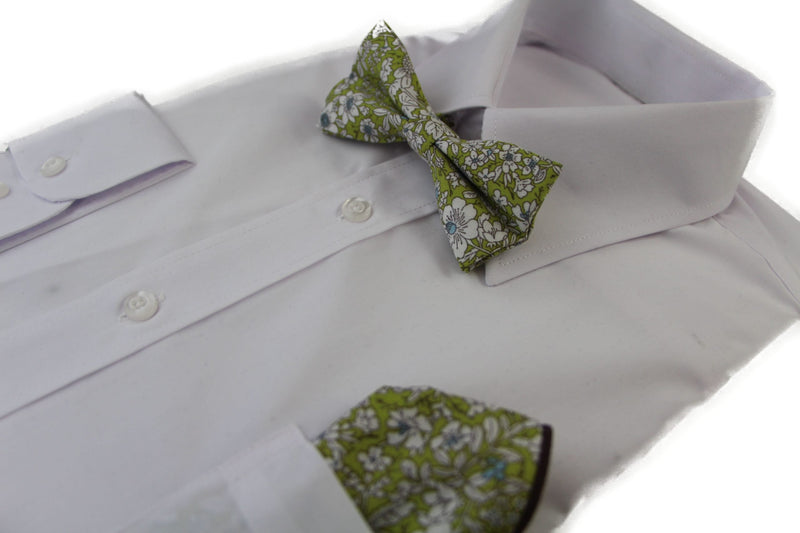 Mens Green With White Flowers Cotton Bow Tie & Pocket Square Set - Zasel Home of Big Brands