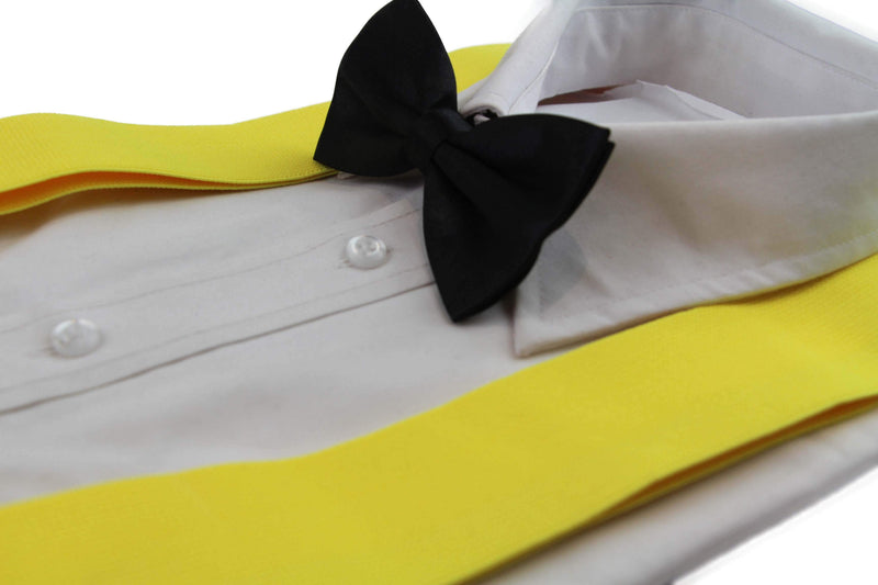 Mens Yellow 120cm Extra Wide Suspenders & Black Bow Tie Set