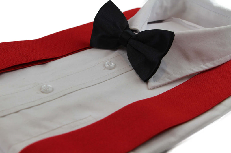 Mens Red 120cm Extra Wide Suspenders & Black Bow Tie Set