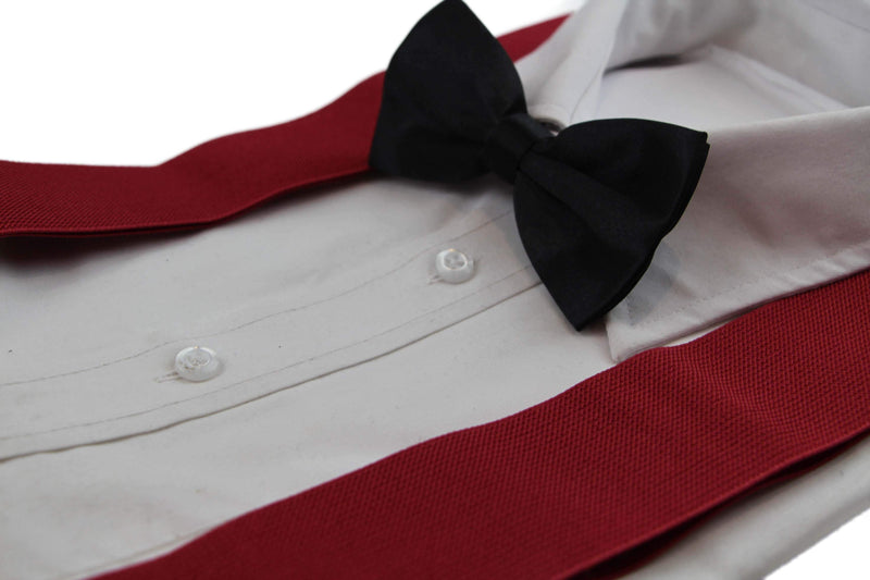 Mens Dark Red 120cm Extra Wide Suspenders & Black Bow Tie Set
