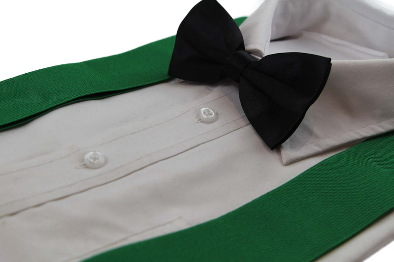 Mens Green 120cm Extra Wide Suspenders & Black Bow Tie Set