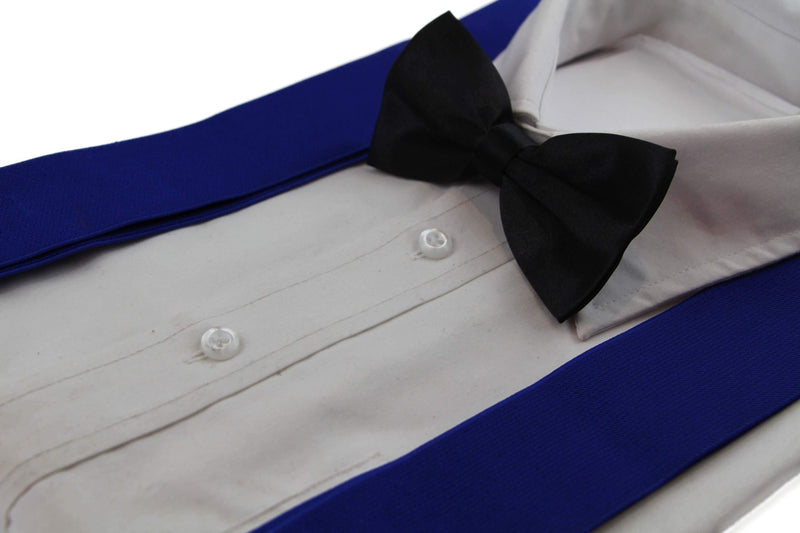 Mens Blue 120cm Extra Wide Suspenders & Black Bow Tie Set