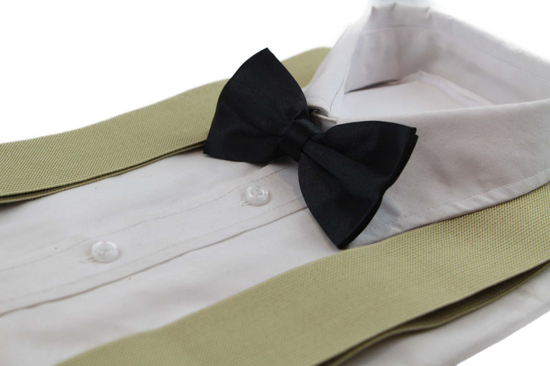 Mens Sand 120cm Extra Wide Suspenders & Black Bow Tie Set