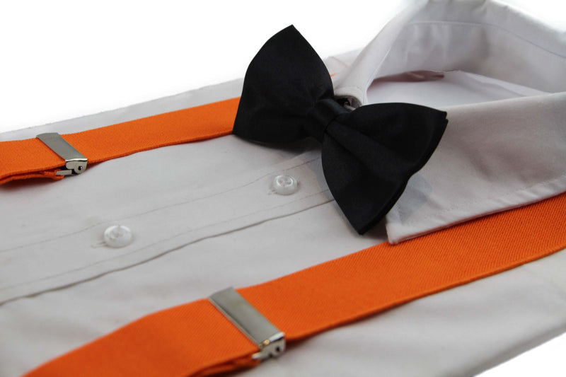 Mens Orange 100cm Wide Suspenders & Black Bow Tie Set