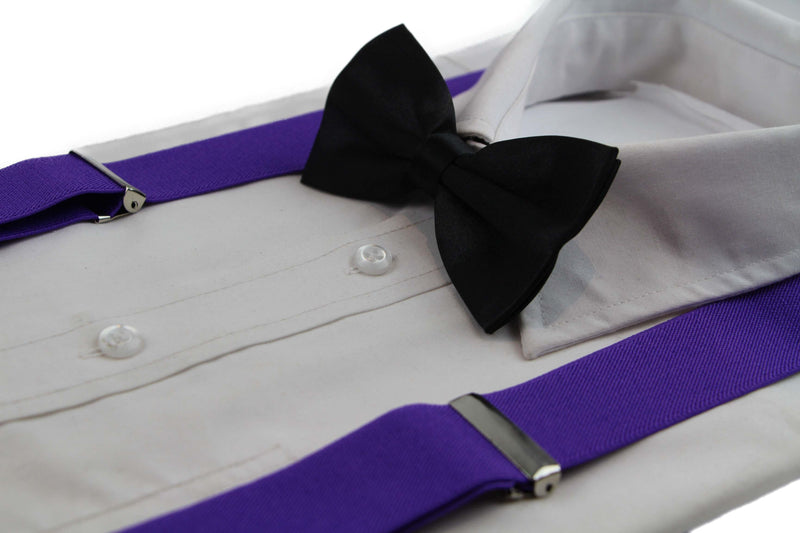 Mens Purple 100cm Wide Suspenders & Black Bow Tie Set