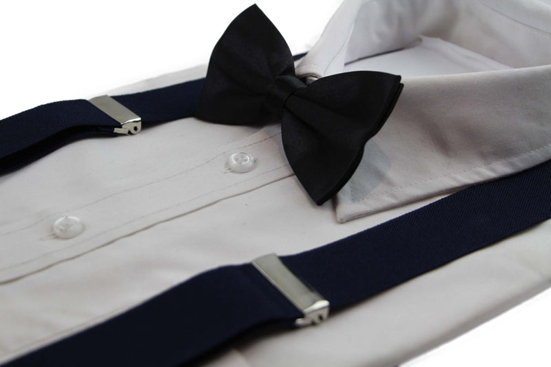 Mens Navy 100cm Wide Suspenders & Black Bow Tie Set