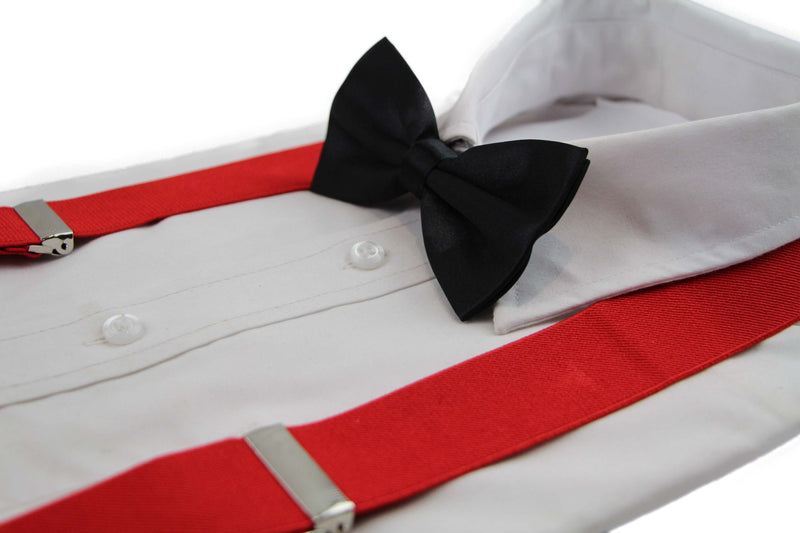 Mens Red 100cm Wide Suspenders & Black Bow Tie Set